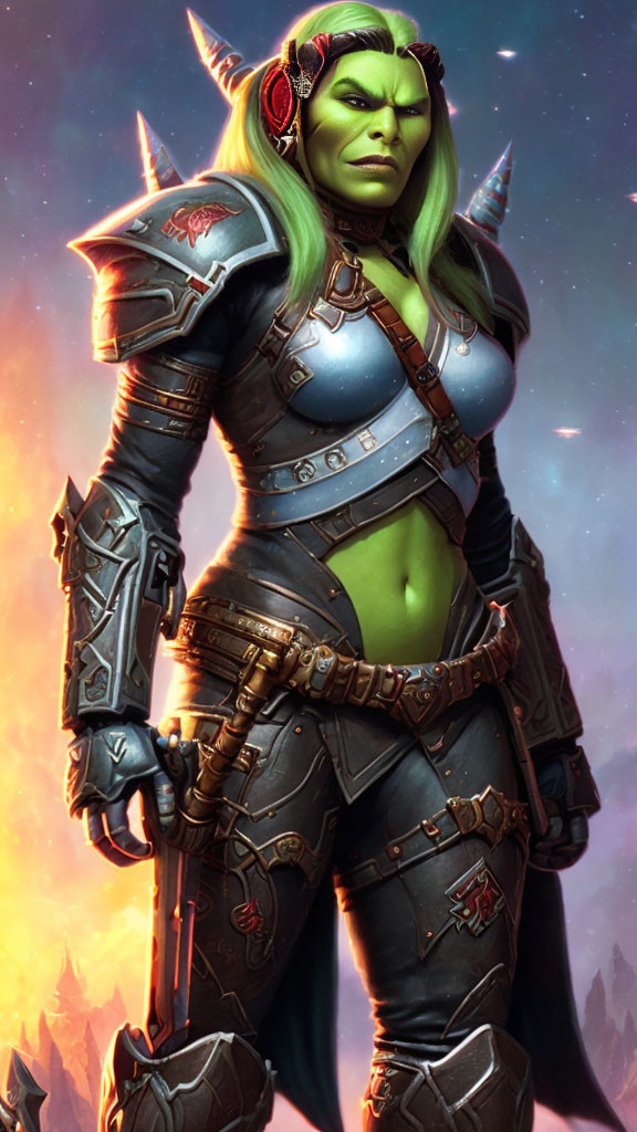 Muscular female orc in silver armor against purple sky