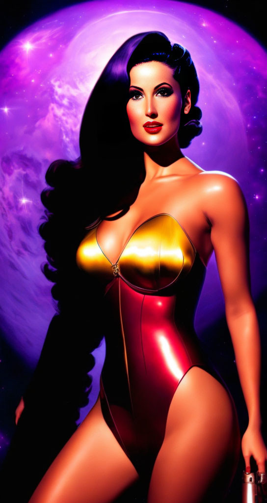 Stylized woman with dark hair in golden and red bodysuit against vibrant purple cosmic backdrop