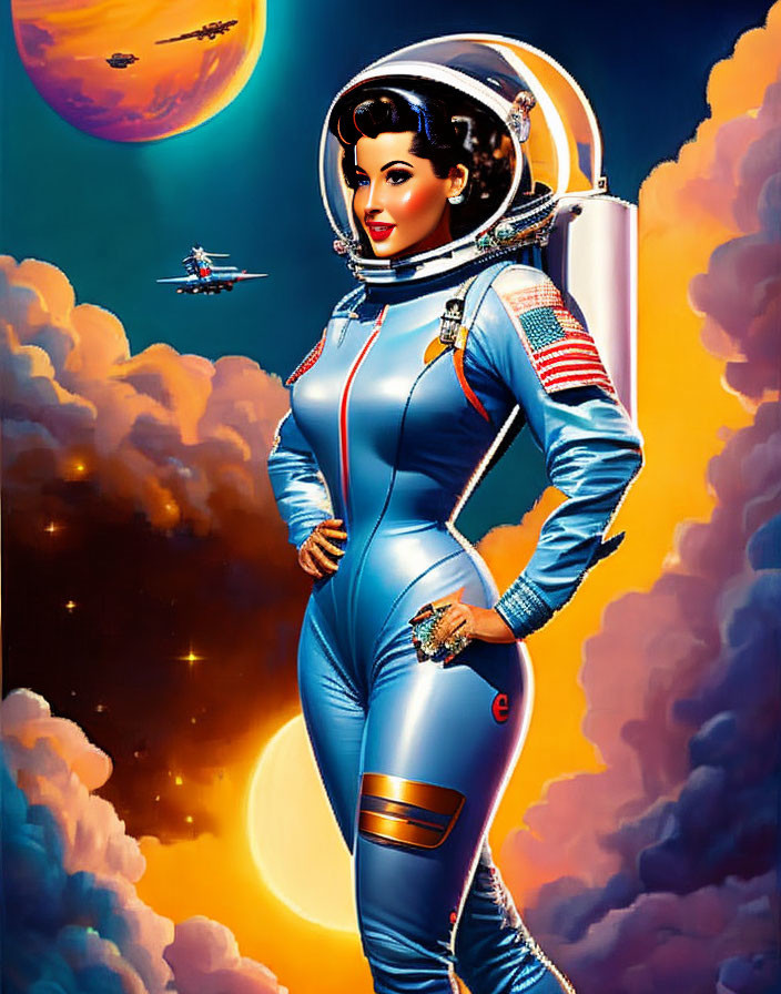 Retro-futuristic woman in blue space suit with helmet, against space backdrop