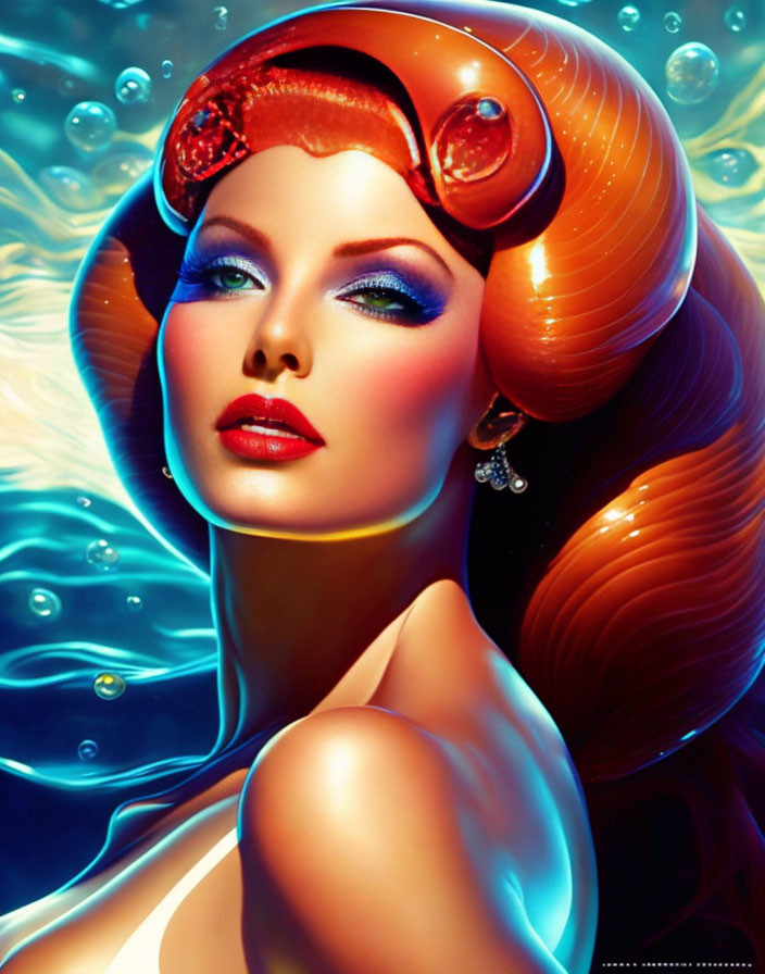 Stylized portrait of a woman with red hair, blue eyeshadow, and underwater bubbles