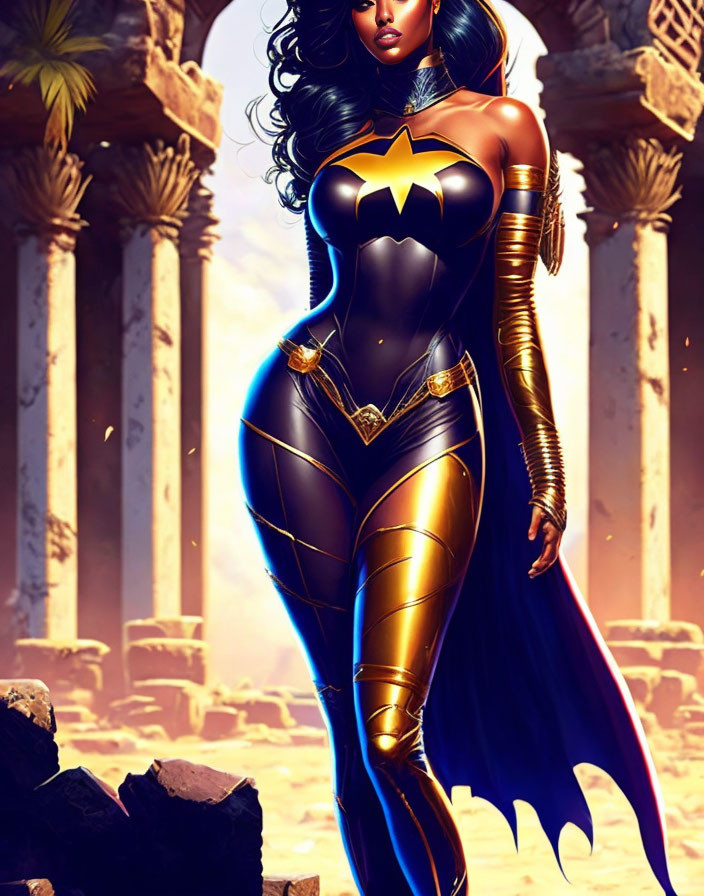 Superheroine illustration in black and gold costume with star emblem in ancient ruins