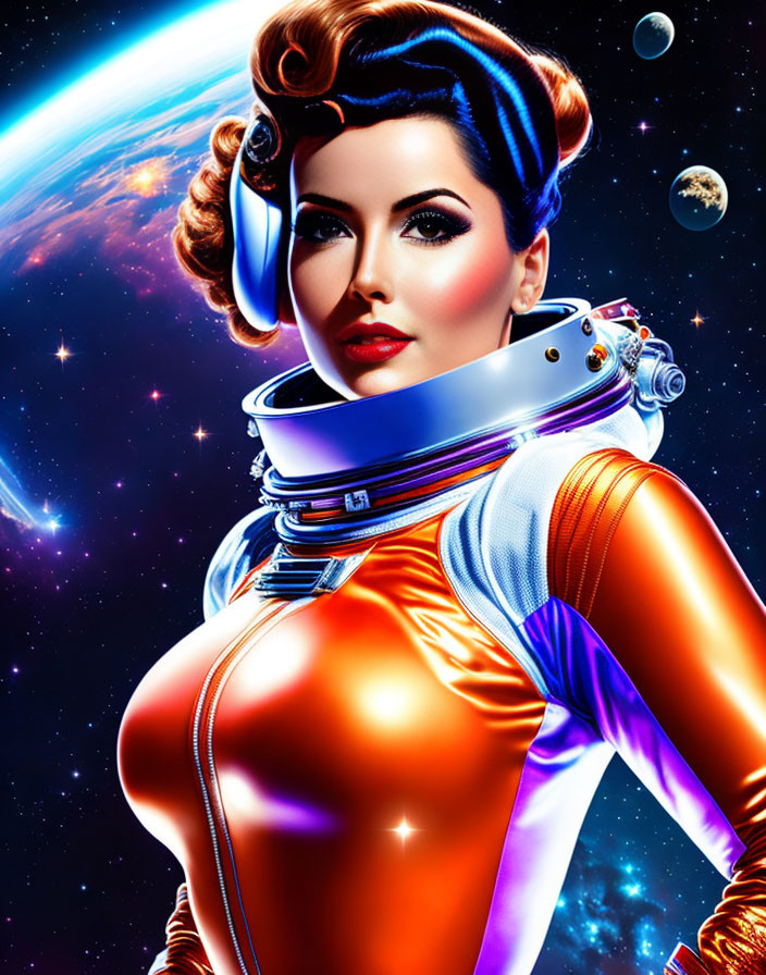 Stylized digital artwork of woman in retro-futuristic space attire