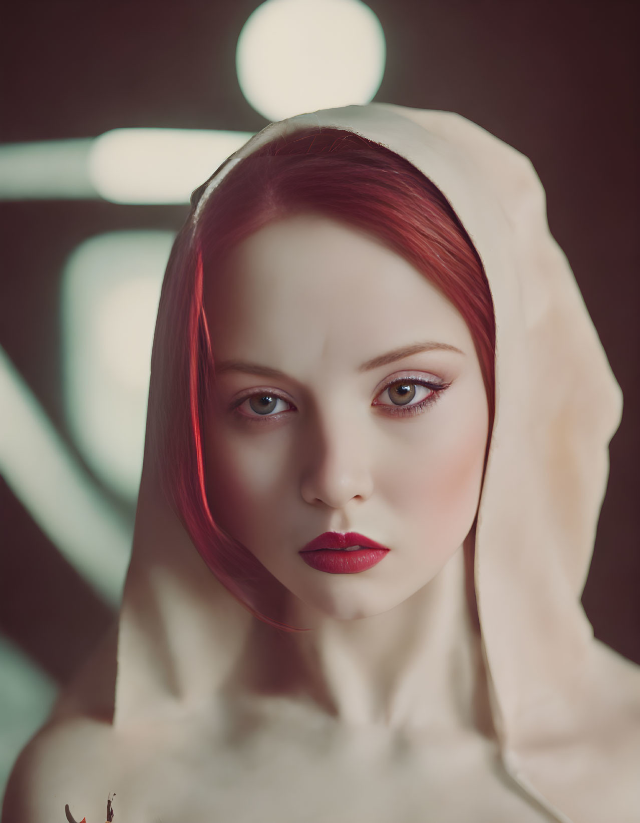 Intense woman with red hair and cream headscarf staring solemnly