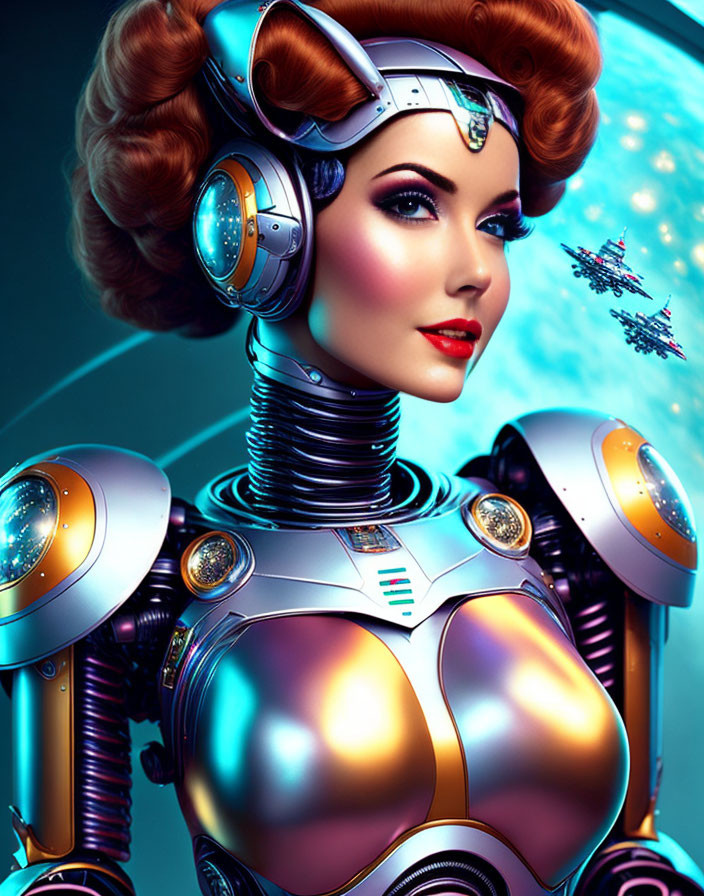 Female Robot with 1940s Hairstyle & Headset in Retro-Futuristic Space Scene