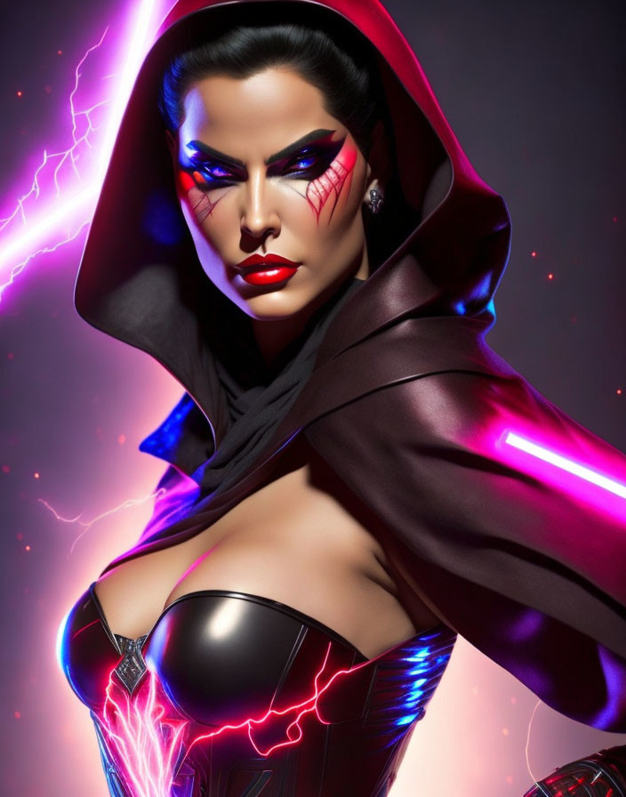 Digital artwork of woman in superhero costume with dramatic makeup and lightning effects