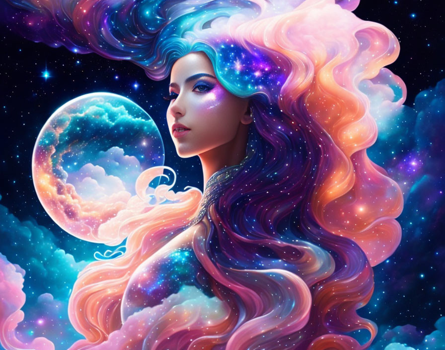 Colorful woman with galaxy hair in cosmic setting