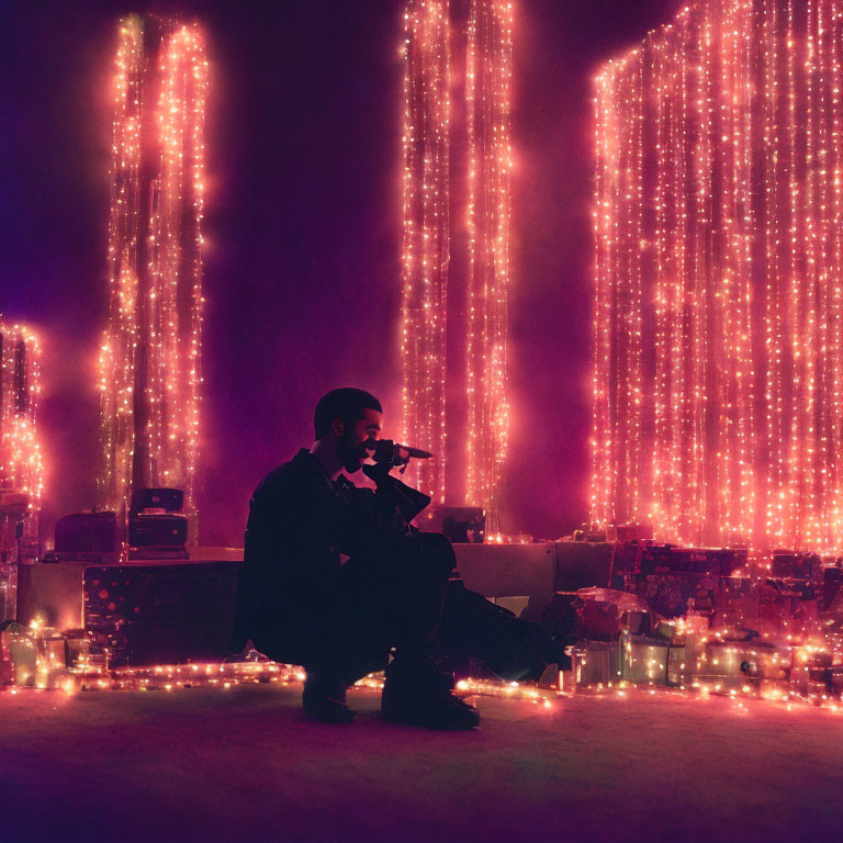 Person surrounded by candles and cascading lights on the floor