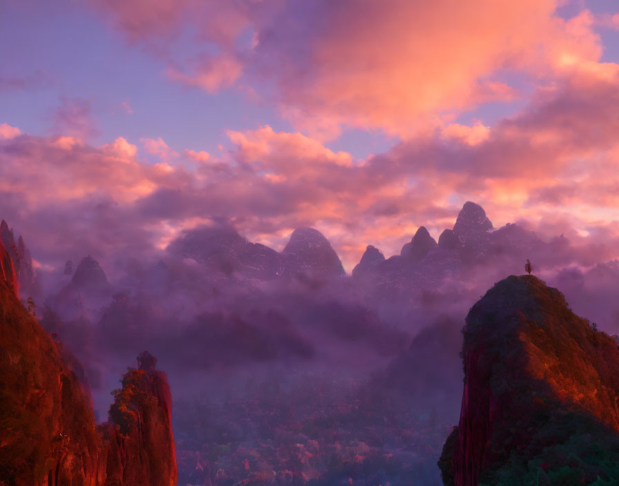 Scenic sunrise with purple and orange sky over misty mountains and solitary figure