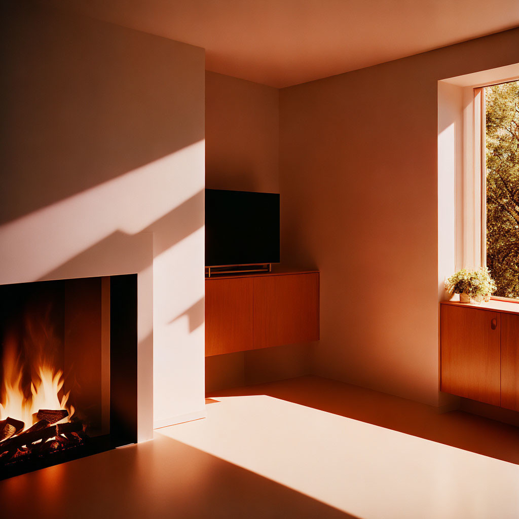 Minimalist Room with Fireplace, TV, Wooden Cabinet & Potted Plant