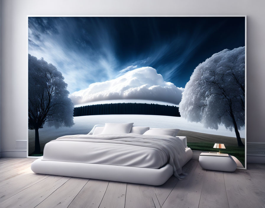 Spacious modern bedroom with large bed and sky-themed wall mural