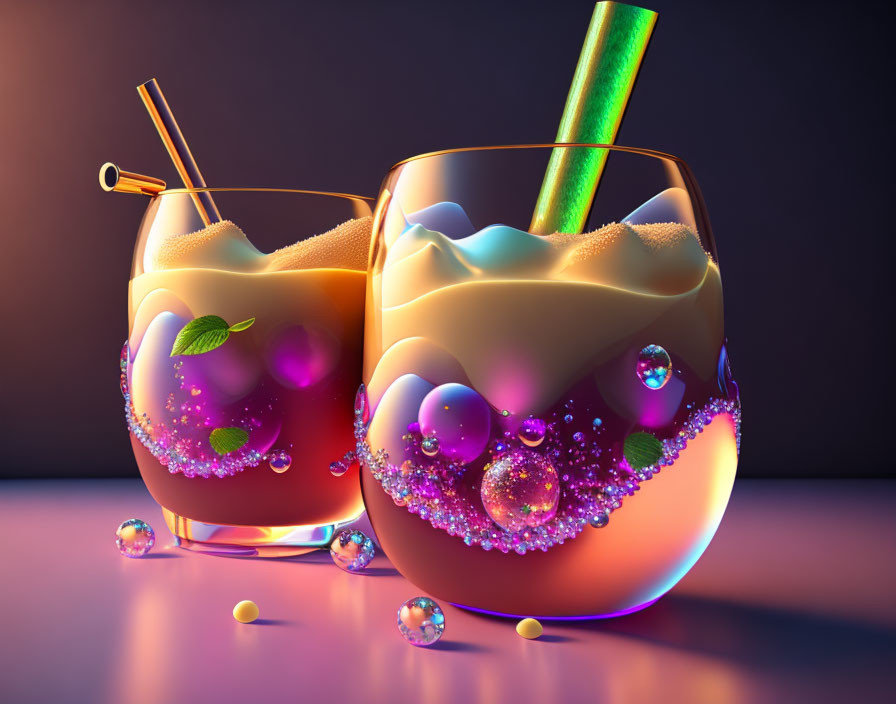 Iced drinks with bubbles, straws, and garnishes on reflective surface