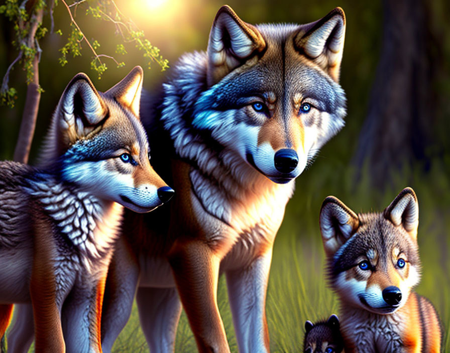 Digital illustration of wolf pack in forest with adult and pups under sunlight.