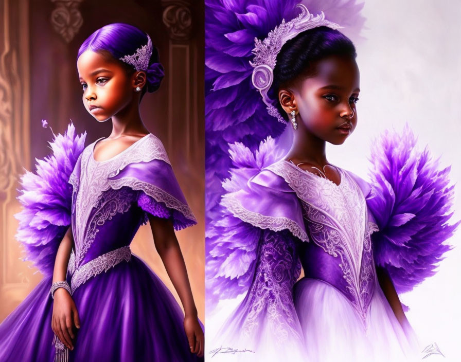 Digital artwork: Young girl in regal purple dress with lace and feather shoulder piece