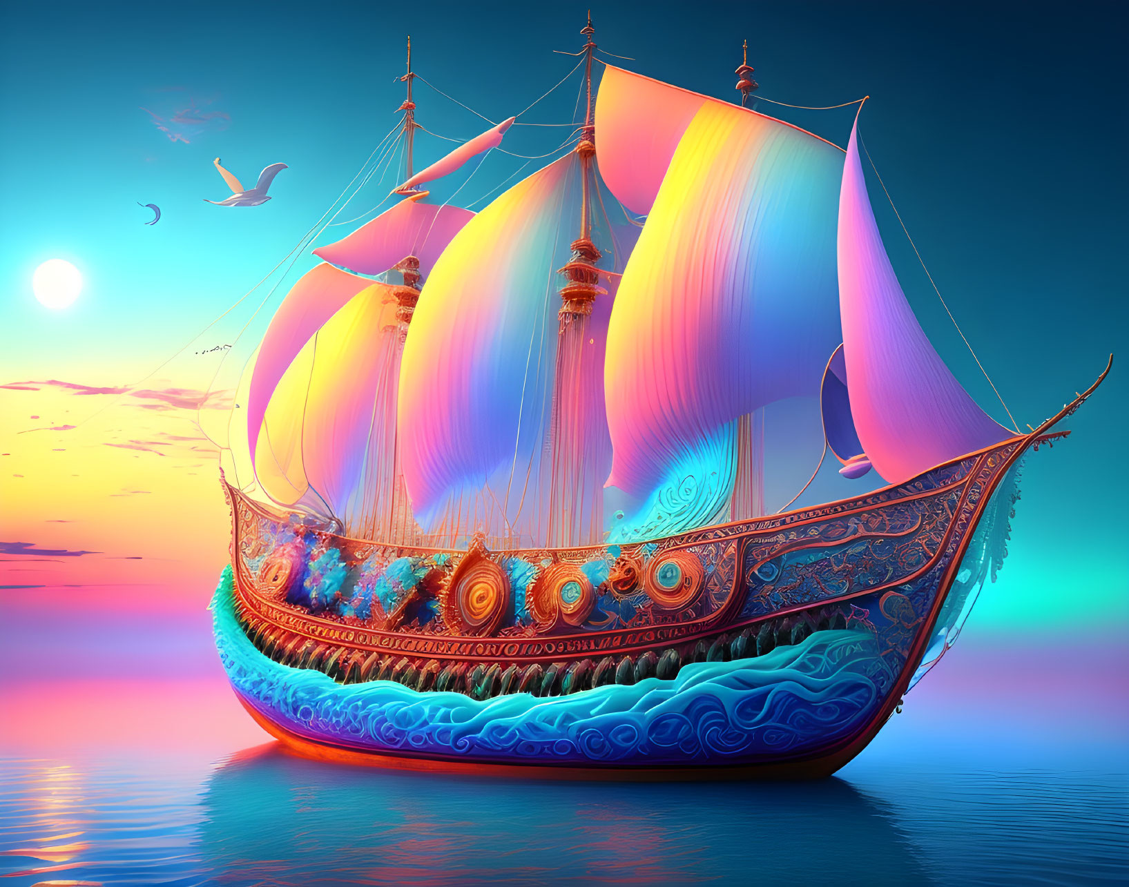 Colorful fantasy ship sailing on calm waters under pastel sunset sky.