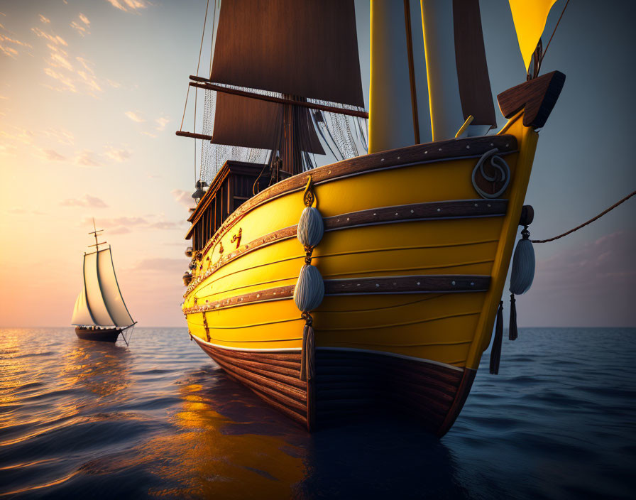 Majestic yellow and brown sailboat on ocean at sunset