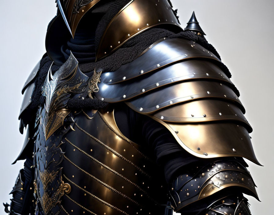 Detailed Medieval Black and Gold Knight Armor with Embossed Design