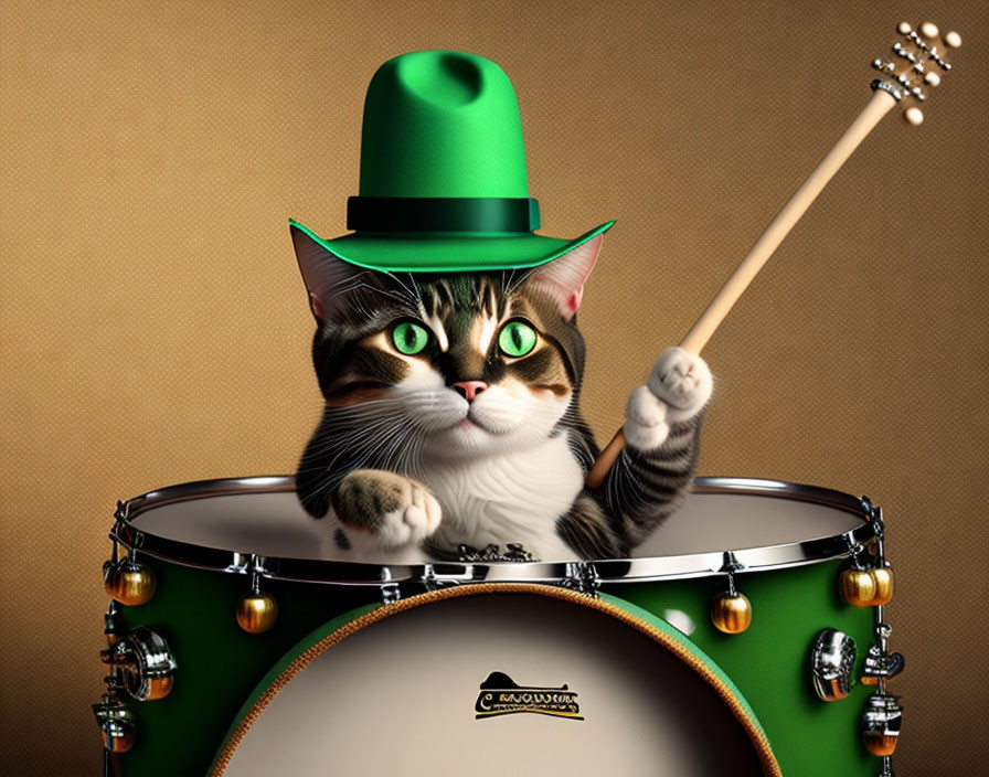 Tabby cat in green top hat playing drum set with raised drumstick