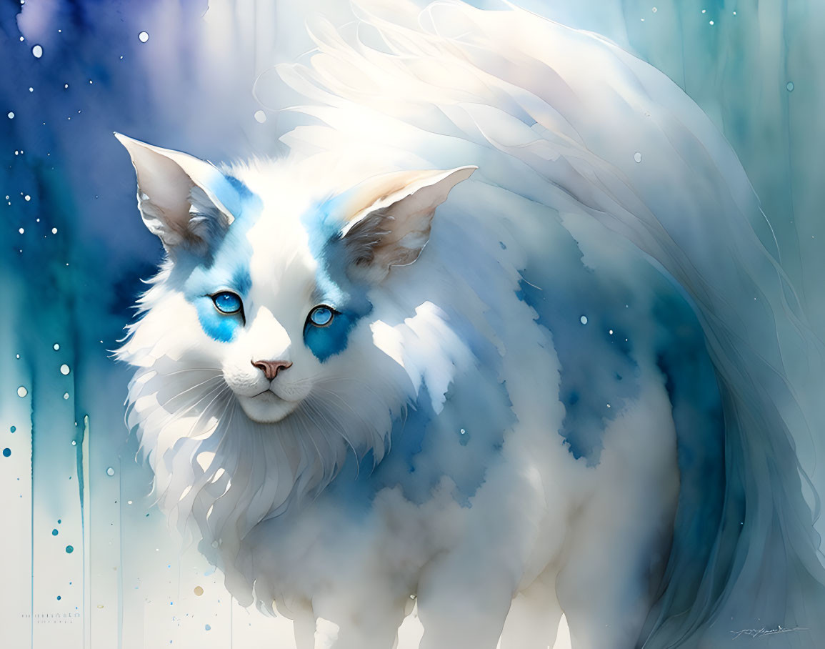 Fantastical white cat with large wings and blue eyes on blue and white background