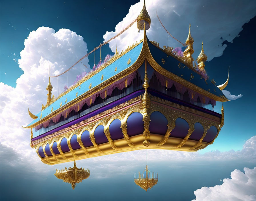 Traditional floating palace with ornate gold details and purple draperies against cloudy sky