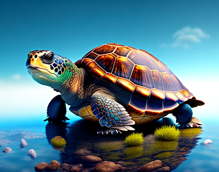 Colorful Turtle Illustration Against Blue Sky and Water