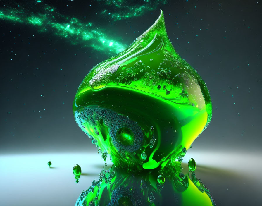 Colorful 3D illustration: green liquid in cosmic setting