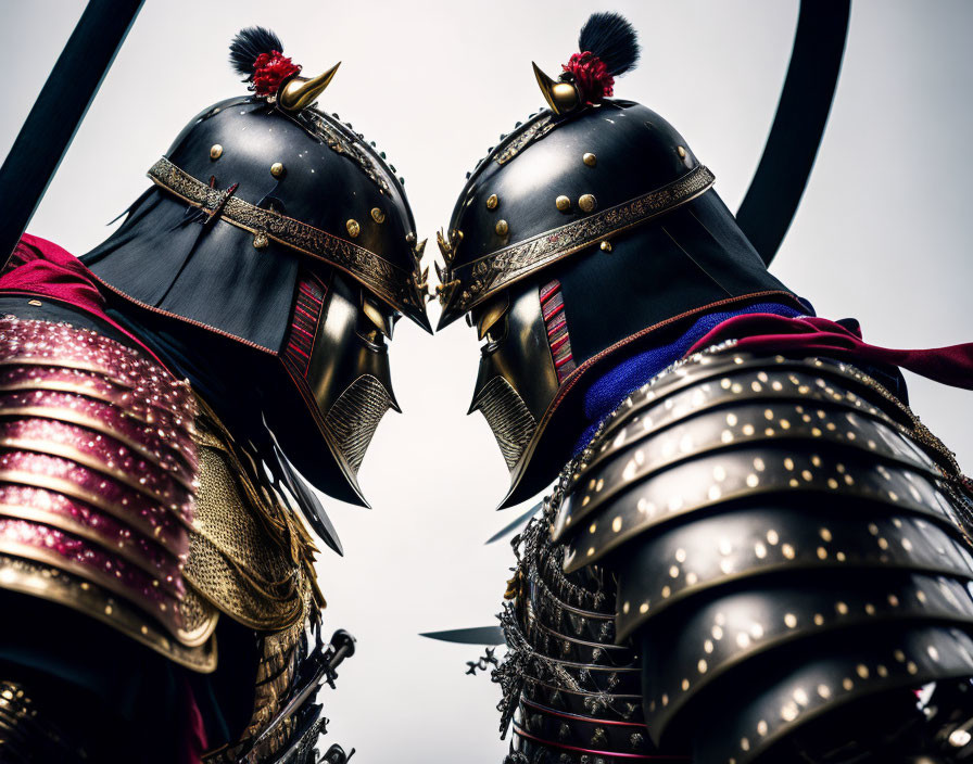 Traditional samurai armor duel under cloudy sky