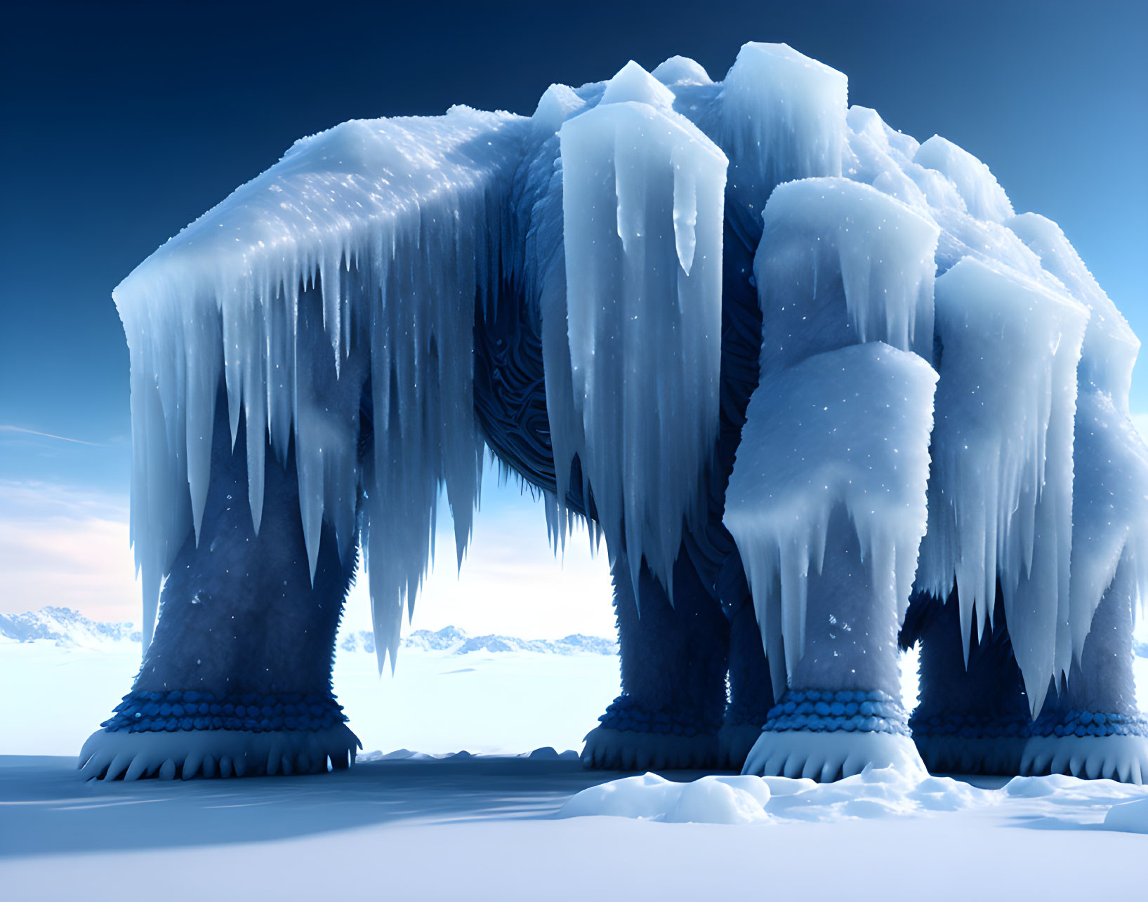 Frozen elephant-like creature in snow-covered landscape