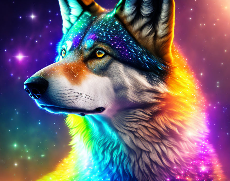 Colorful Galactic Wolf Artwork on Starry Background