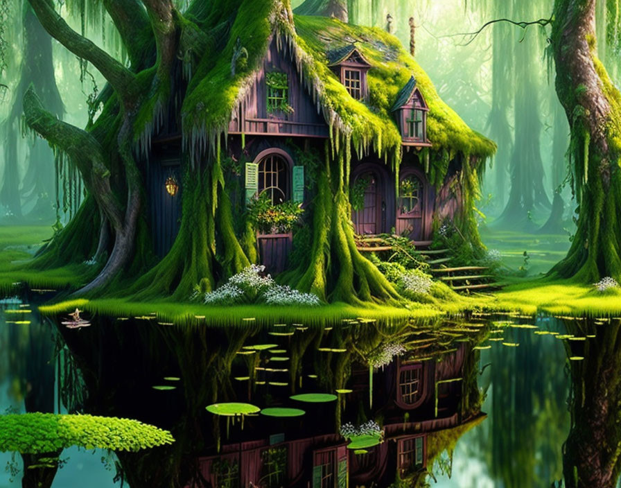 Enchanting moss-covered house in lush forest with serene pond