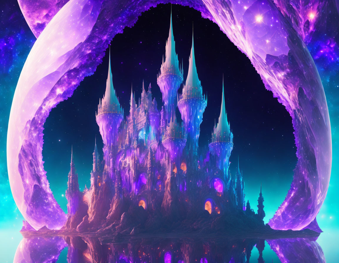 Fantastical crystal castle in vibrant cosmic setting