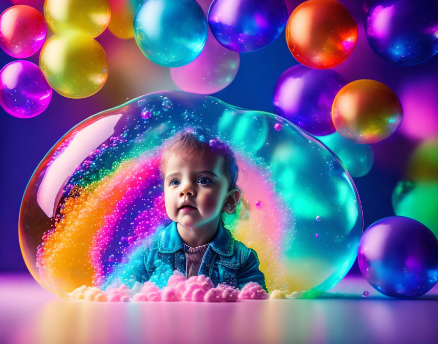 Toddler in colorful soap bubble among vibrant bubbles on blue and purple backdrop