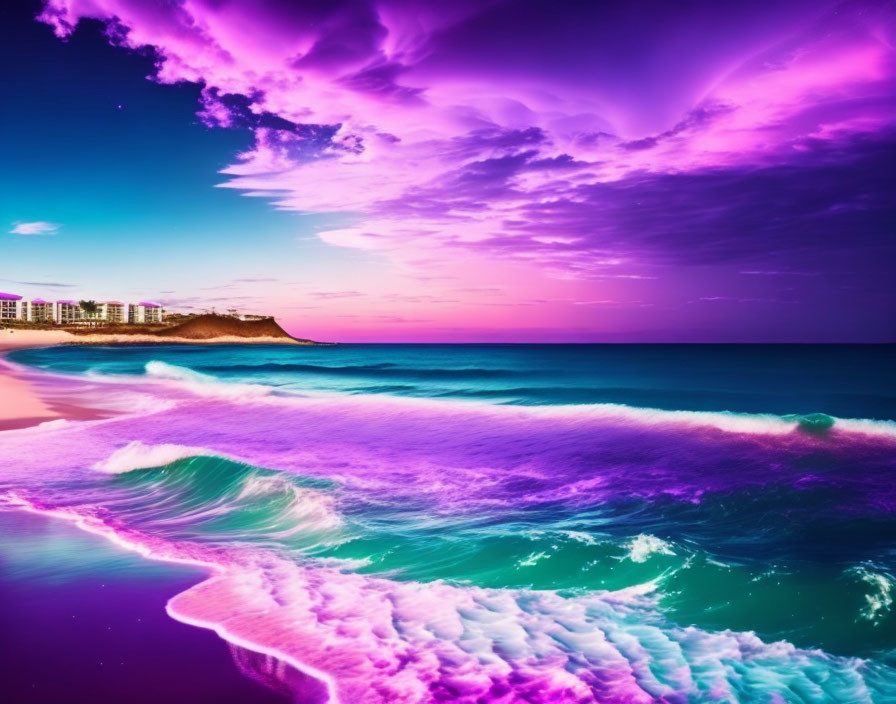 Vivid surreal beachscape with purple skies and neon hues.