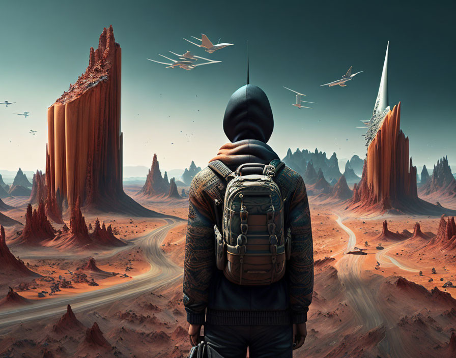 Person in spacesuit on Martian landscape with rock formations and futuristic ships.