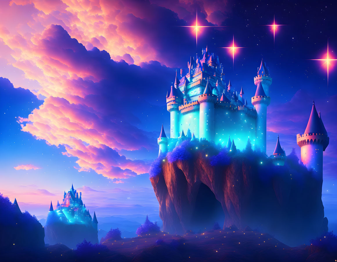 Fantastical floating island with glowing castle under starry twilight sky