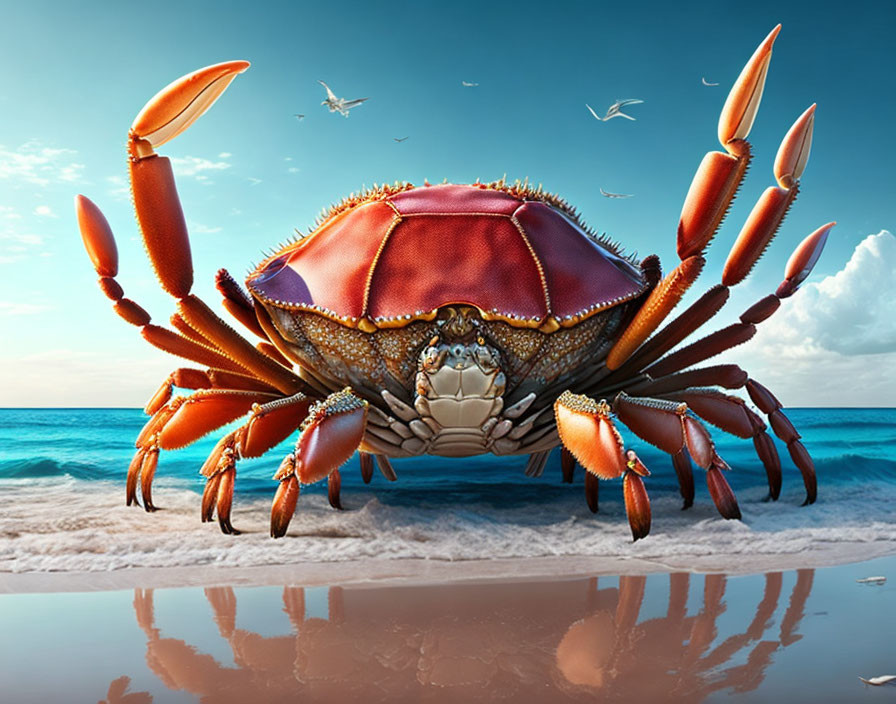 Giant crab on sandy beach with ocean, seagulls, and blue sky