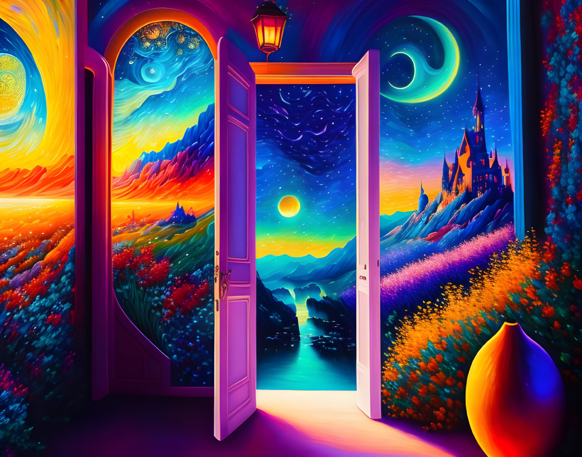 Surrealist painting: Open door to dreamy landscape with castle, colorful hills, starry sky