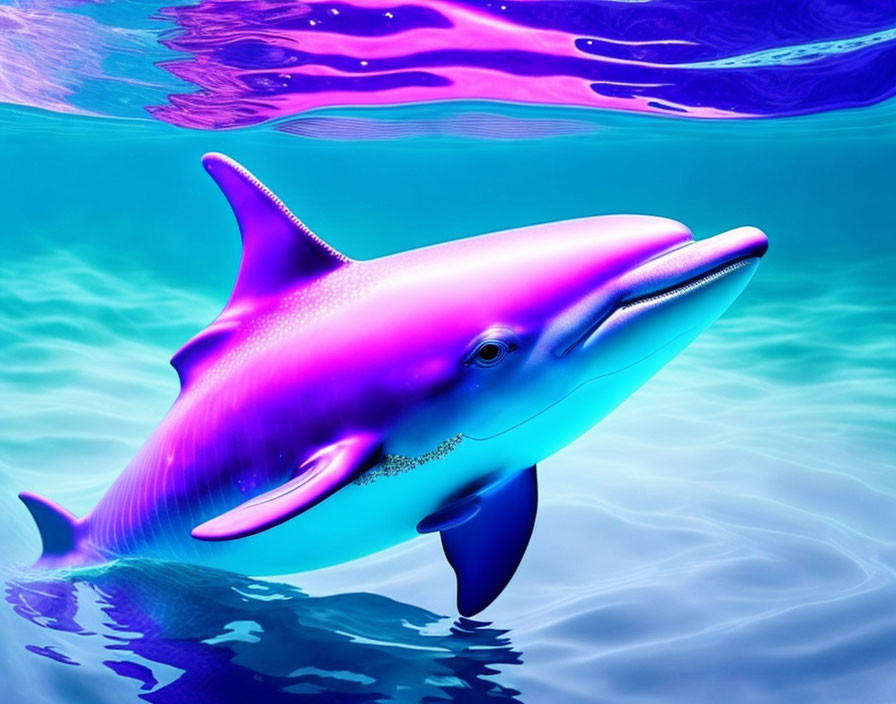 Colorful Dolphin Swimming in Surreal Blue Ocean