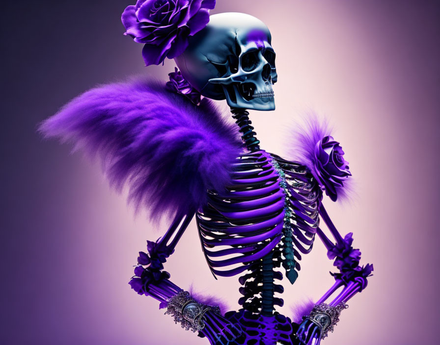 Stylized purple skeleton with feathers, flowers, and skull cap on gradient background