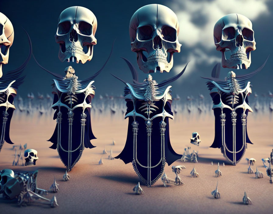 Surreal Artwork: Three Skulls in Dark Armor on Desolate Landscape