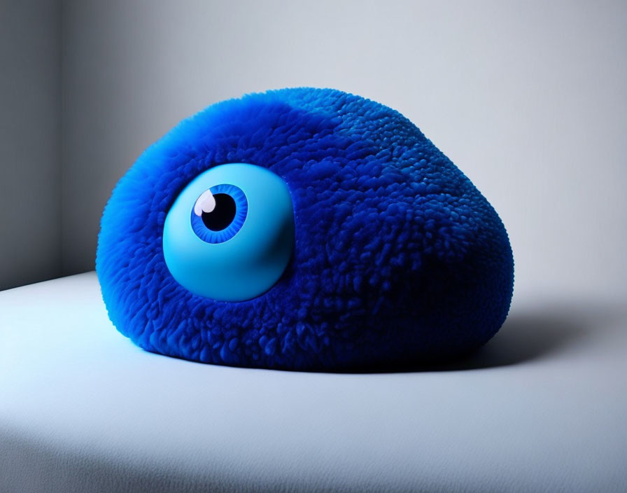 Blue Fluffy Object with Cartoonish Eye on White Surface