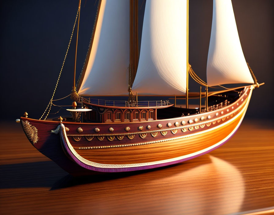 Detailed Model of Sailing Ship: White Sails, Gold Trim, Purple Hull