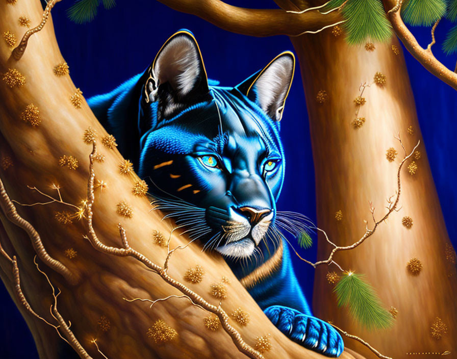 Blue tiger with blue eyes on branch in golden forest scene