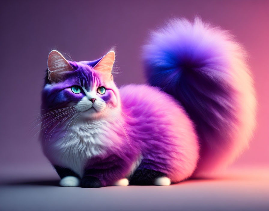 Fluffy cat with purple and white fur on soft purple background