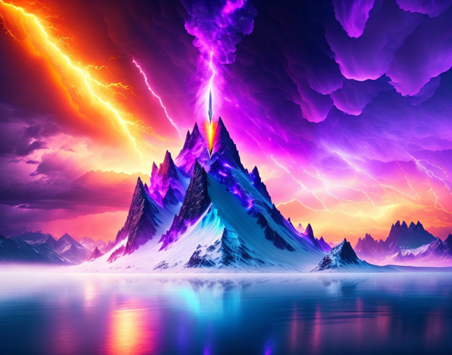 Vibrant digital artwork: Mountain range, dramatic sky, purple and orange lightning bolts, serene water