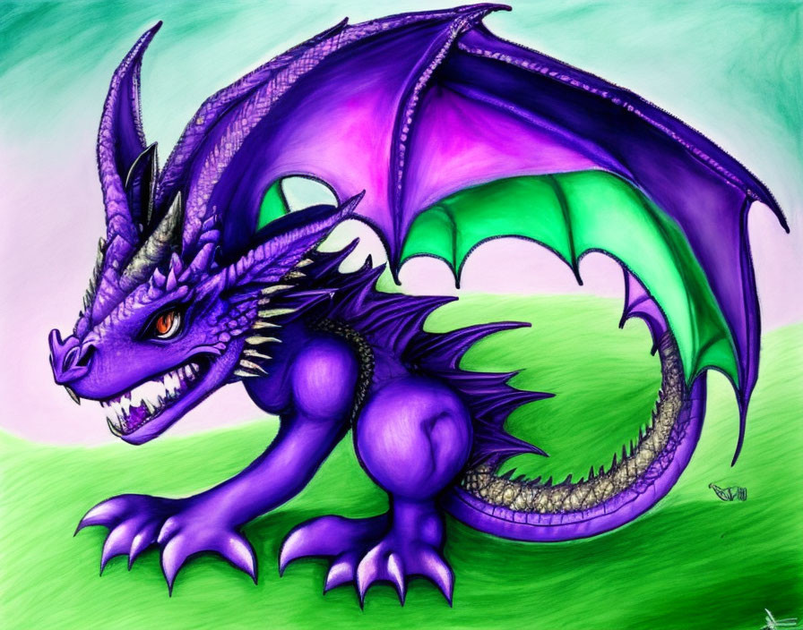 Colorful Purple Dragon Illustration with Green Wings