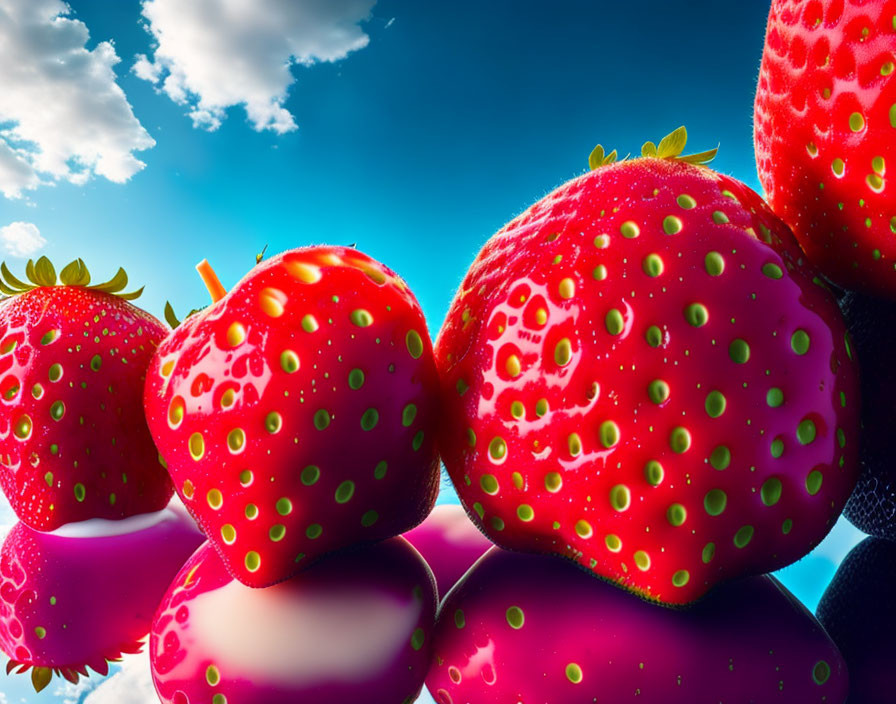 Fresh strawberries with vibrant red and green hues under a bright blue sky