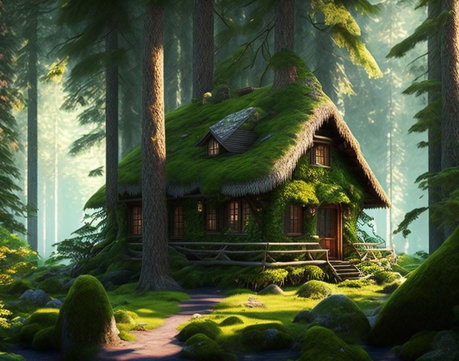 Moss-Covered Roof Cottage in Serene Forest