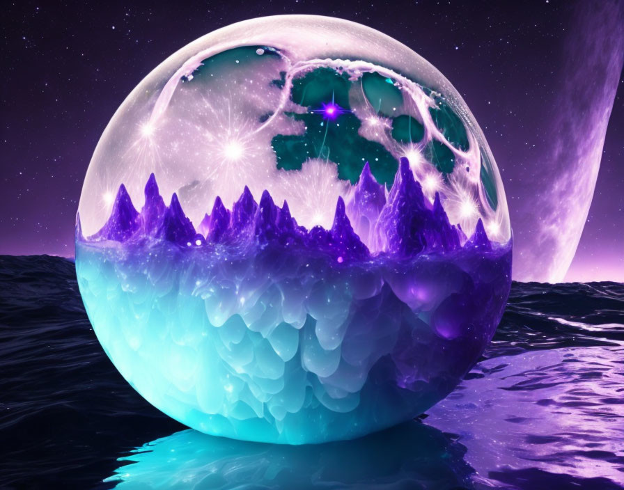 Surreal digital artwork: Translucent sphere with purple mountains under starry sky