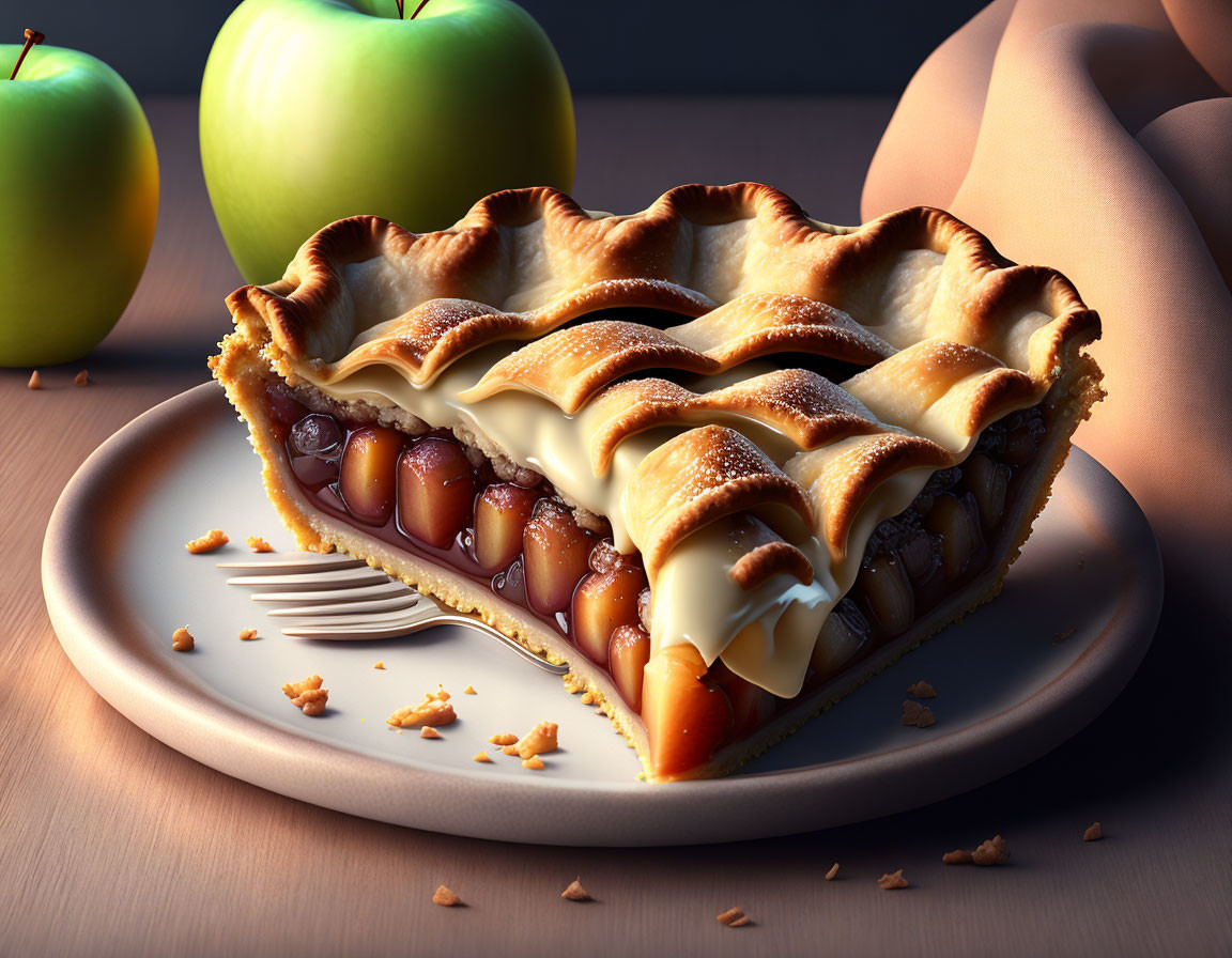 Freshly baked apple pie slice on plate with whole apple and fork in warm lighting