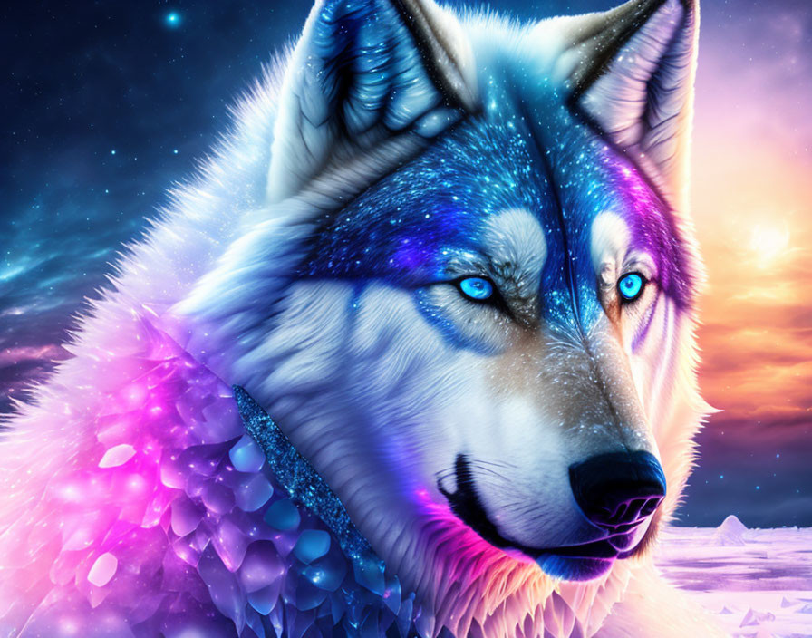 Vivid Digital Artwork: Blue and Purple Wolf with Icy Textures